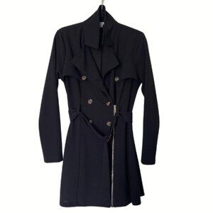 FAVLUX Black Double Breasted Blazer Coat Women’s L Longline Belted Zip Slim Fit